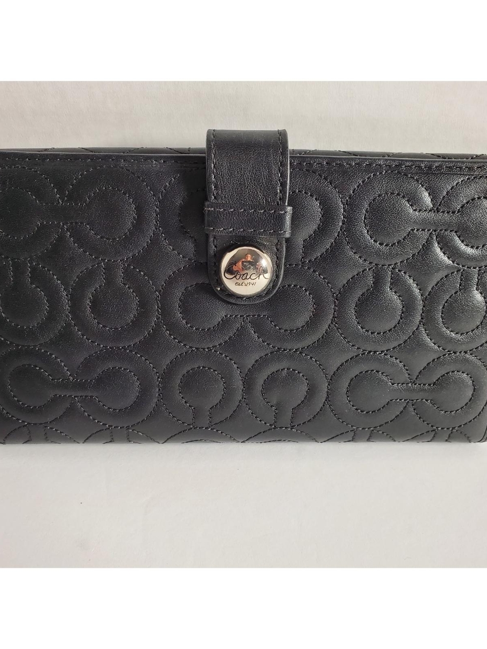 Coach Black Quilted 'C' Signature Leather Wallet with Snap Tab
